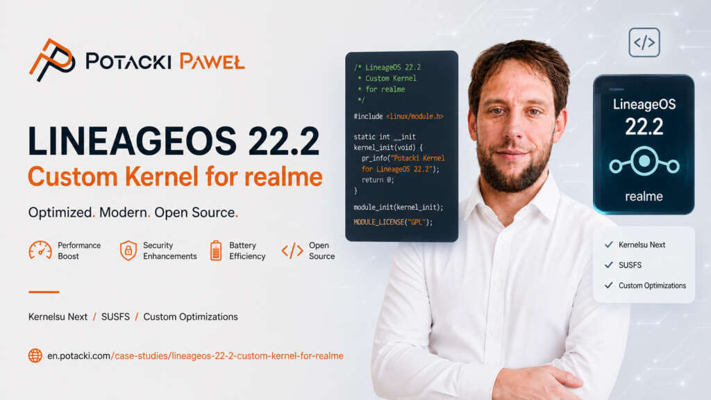 Android software engineer Paweł Potacki presenting a custom LineageOS 22.2 kernel banner for Realme, featuring floating elements of a Linux C code snippet, a smartphone mockup highlighting KernelSU Next and SuSFS integrations, and open-source performance icons.