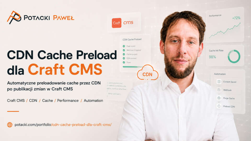 Paweł Potacki na tle schematu optymalizacji wydajności &ndash; grafika Open Graph dla case study CDN Cache Preload w CraftCMS.