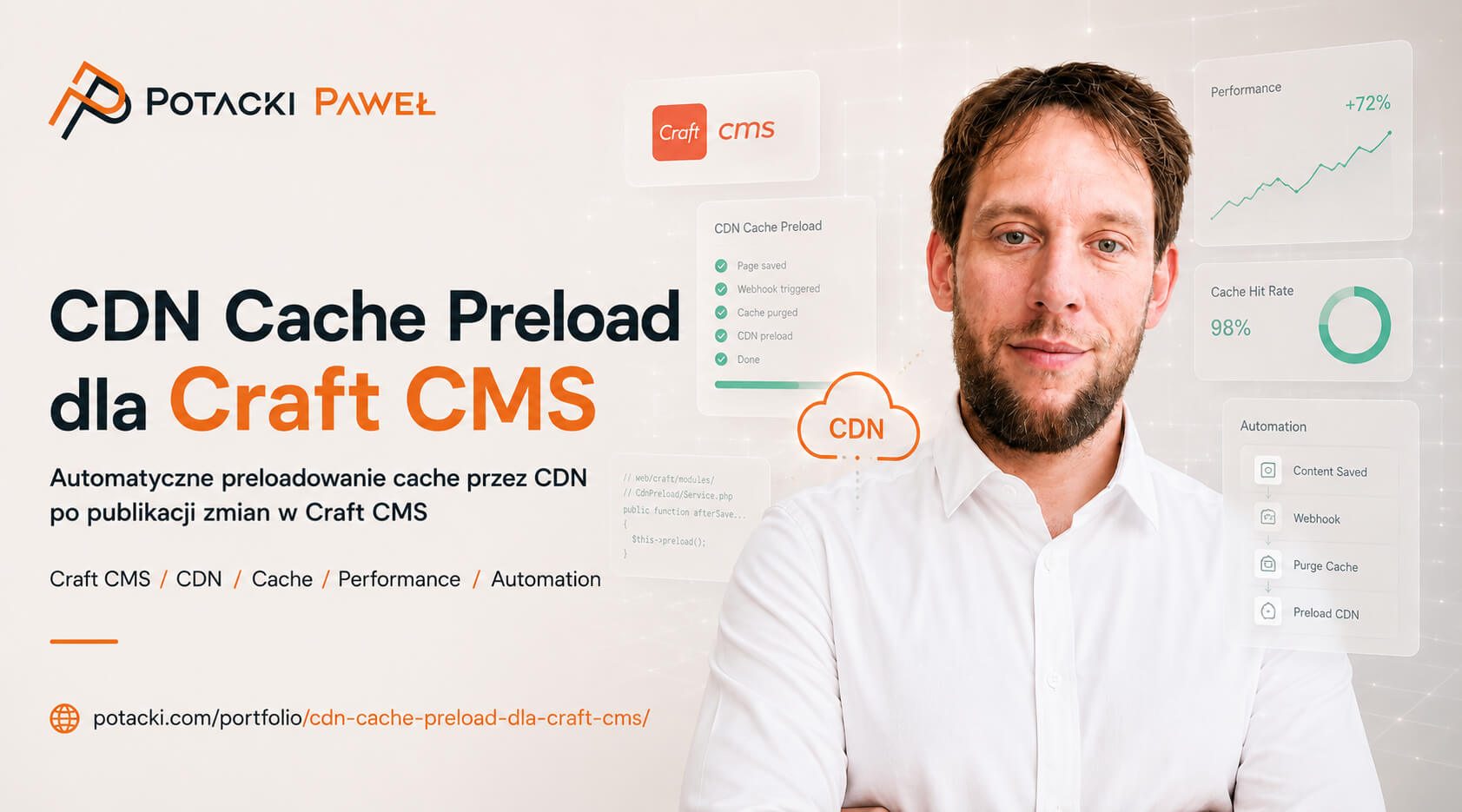 Paweł Potacki na tle schematu optymalizacji wydajności &ndash; grafika Open Graph dla case study CDN Cache Preload w CraftCMS.