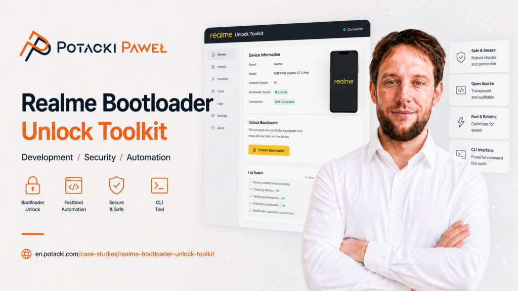 Developer Paweł Potacki presenting the Realme Bootloader Unlock Toolkit desktop application mockup on a clean tech banner, displaying automated device information for realme GT 2 Pro, ADB/Fastboot logs, and CLI automation feature icons.