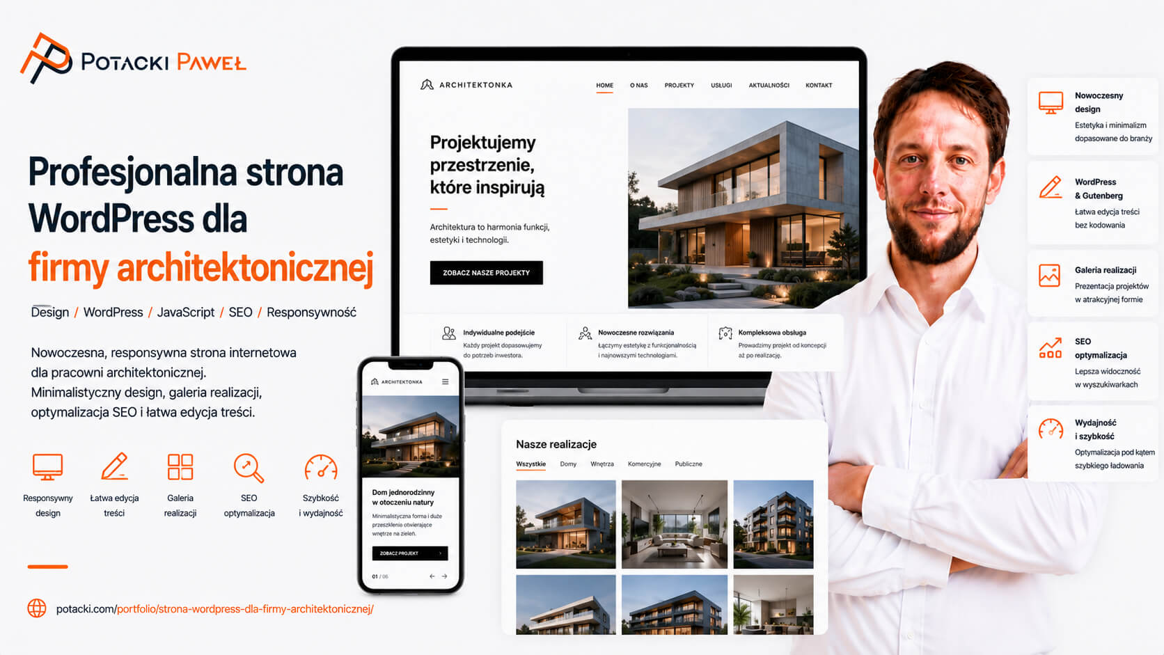 Paweł Potacki prezentuje makietę nowoczesnej strony WordPress dla pracowni architektonicznej na laptopie i smartfonie, z widoczną galerią projekt&oacute;w oraz listą optymalizacji wydajnościowych.