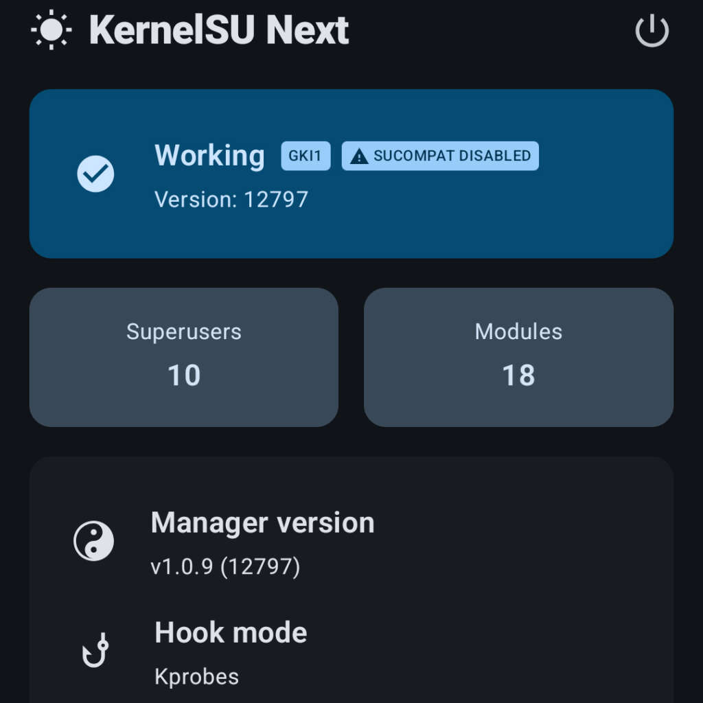 Android smartphone screenshot showcasing the active KernelSU Next manager application dashboard in Working state with Kprobes hook mode, displaying 10 superusers and 18 active modules.