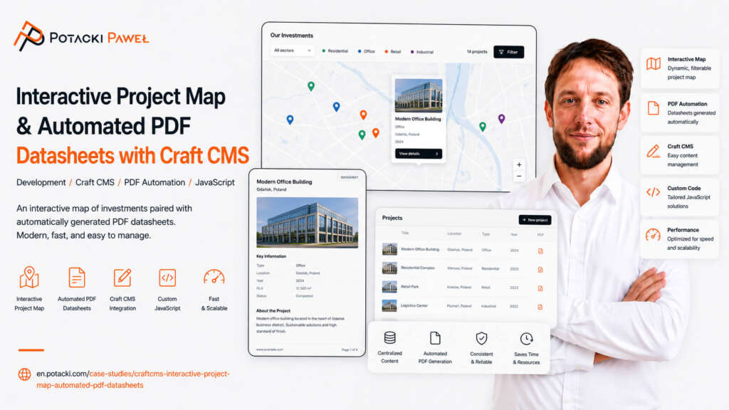 Developer Paweł Potacki presenting a custom Craft CMS web platform case study featuring an interactive Mapbox project map mockup and automated PDF datasheets.