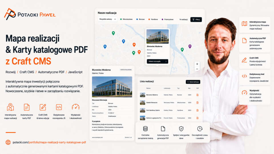 Paweł Potacki prezentuje makietę systemu CraftCMS z interaktywną mapą inwestycji Mapbox oraz automatycznie generowaną kartą katalogową PDF.