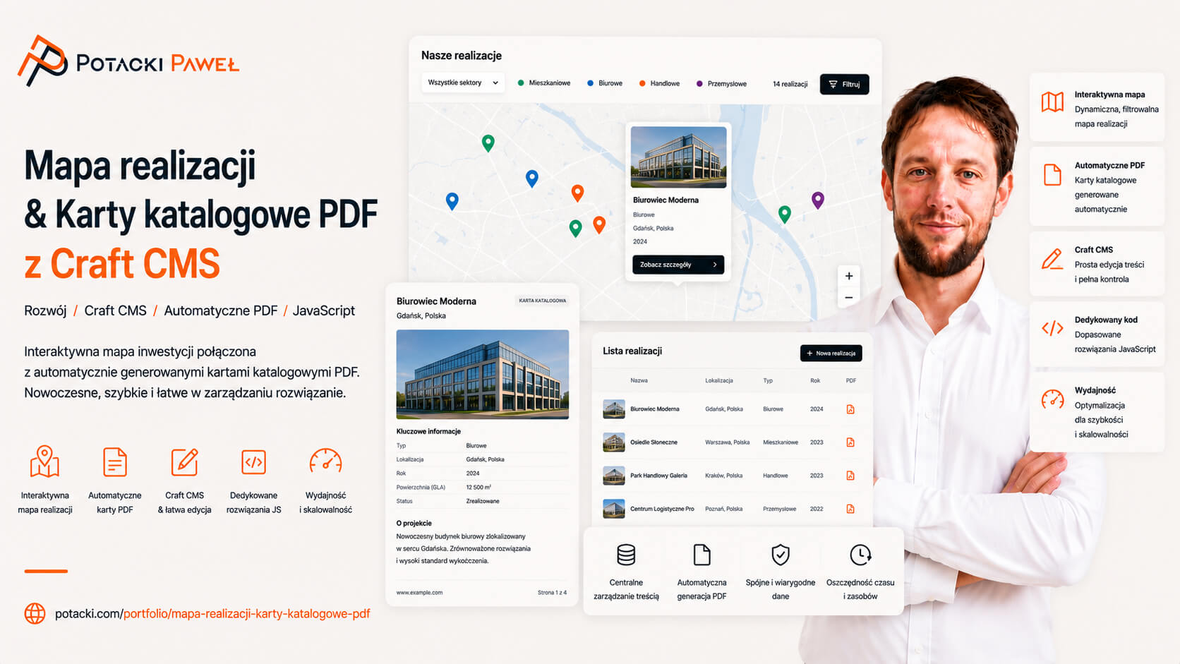 Paweł Potacki prezentuje makietę systemu CraftCMS z interaktywną mapą inwestycji Mapbox oraz automatycznie generowaną kartą katalogową PDF.