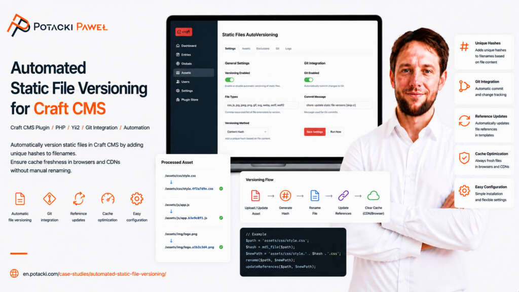 Developer Paweł Potacki presenting a mockup of the Automated Static File Versioning plugin dashboard for Craft CMS, featuring settings panels, content hash flow diagrams, and a code block example.