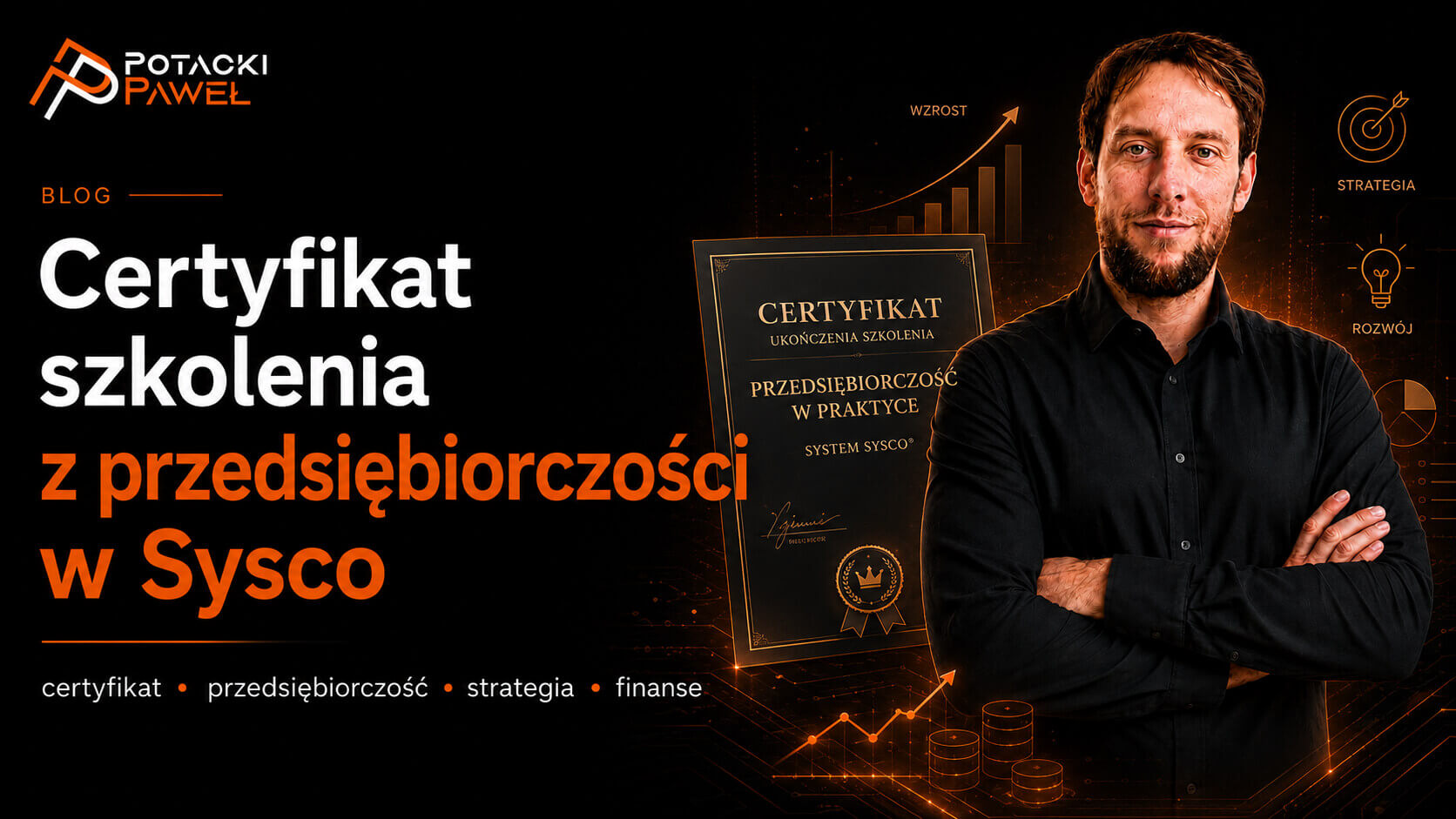 Paweł Potacki w czarnej koszuli na grafice OpenGraph o certyfikacie szkolenia z przedsiębiorczości w Sysco