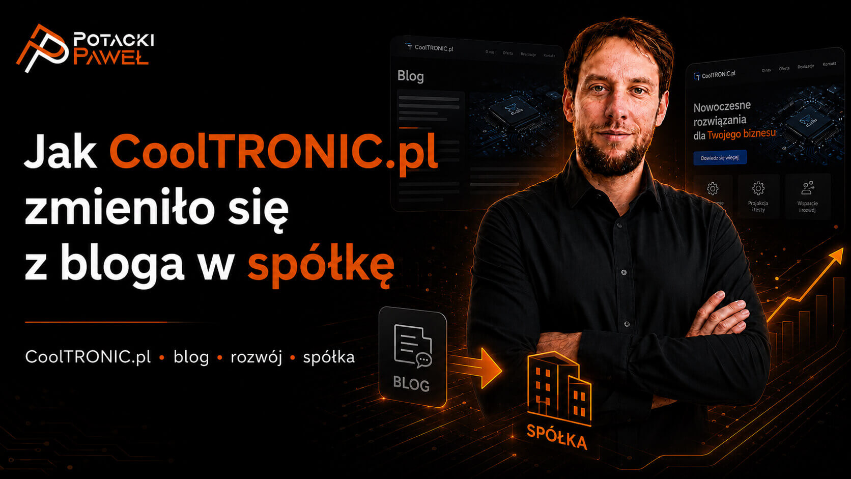 Paweł Potacki w czarnej koszuli na grafice OpenGraph o rozwoju CoolTRONIC.pl z bloga w sp&oacute;łkę