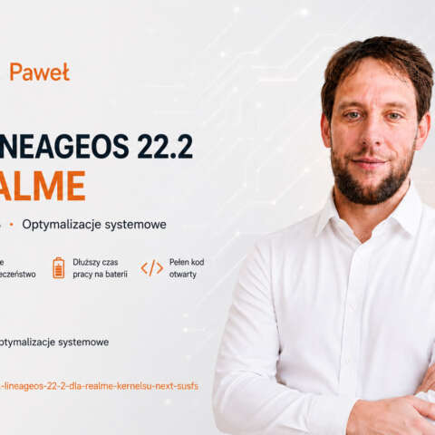 Paweł Potacki na tle oficjalnego banneru polskiego case study jądra LineageOS 22.2 dla Realme, przedstawiający makietę smartfona z ikonami wyższej wydajności, optymalizacji baterii, otwartego kodu oraz wbudowaną technologią KernelSU Next i SuSFS.