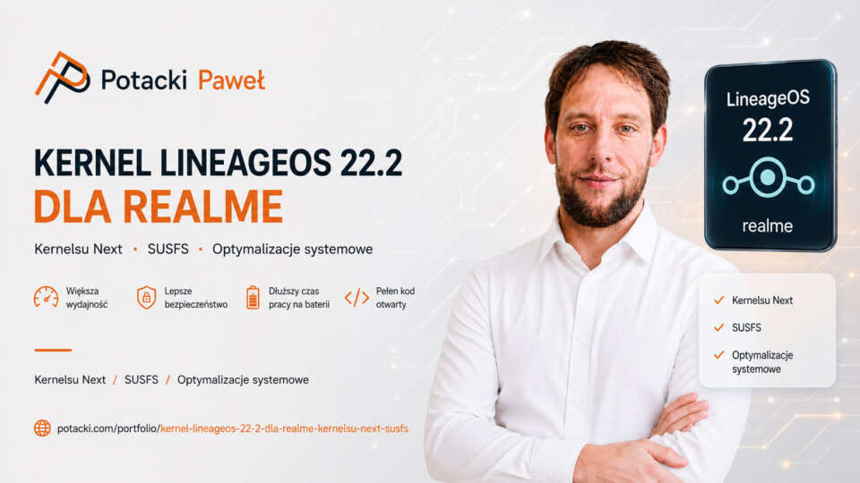 Paweł Potacki na tle oficjalnego banneru polskiego case study jądra LineageOS 22.2 dla Realme, przedstawiający makietę smartfona z ikonami wyższej wydajności, optymalizacji baterii, otwartego kodu oraz wbudowaną technologią KernelSU Next i SuSFS.
