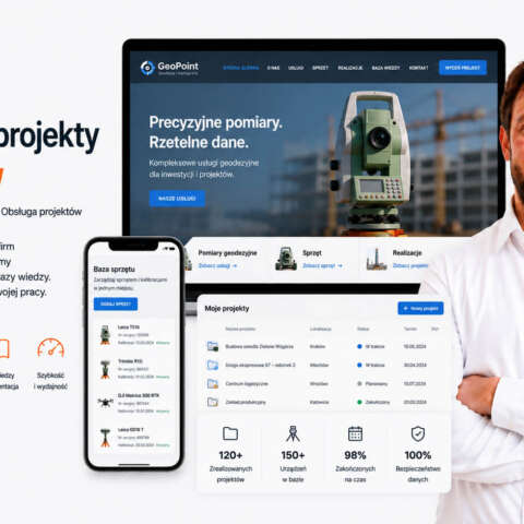Paweł Potacki prezentuje makietę dedykowanego systemu WordPress dla firm geodezyjnych na ekranie laptopa i smartfona ze statystykami sprzętu i projekt&oacute;w.