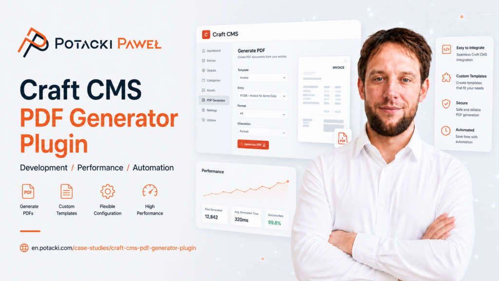 Full-stack developer Paweł Potacki presenting the Craft CMS PDF Generator plugin UI mockup with document configuration panels and server-side performance analytics.