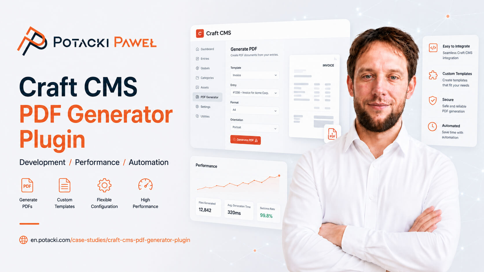 Full-stack developer Paweł Potacki presenting the Craft CMS PDF Generator plugin UI mockup with document configuration panels and server-side performance analytics.