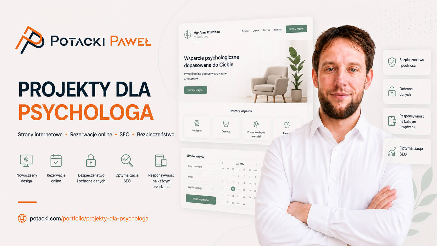 Paweł Potacki na tle oficjalnego banneru polskiego case study projekt&oacute;w dla psycholog&oacute;w, przedstawiający makiety interfejsu gabinetu psychoterapeutycznego z kalendarzem rezerwacji wizyt online oraz ikonami bezpieczeństwa danych i optymalizacji SEO.