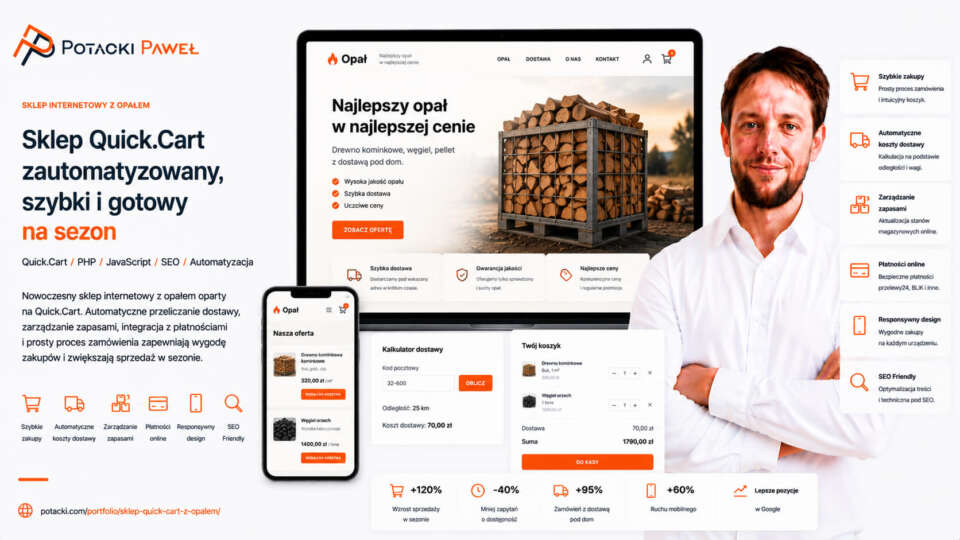 Paweł Potacki prezentuje makietę szybkiego sklepu e-commerce Quick.Cart dla składu opału mocnyopal.pl na ekranie komputera i smartfona z widocznym formularzem szybkiej wyceny oraz informacją o ładowaniu w 1.8s.