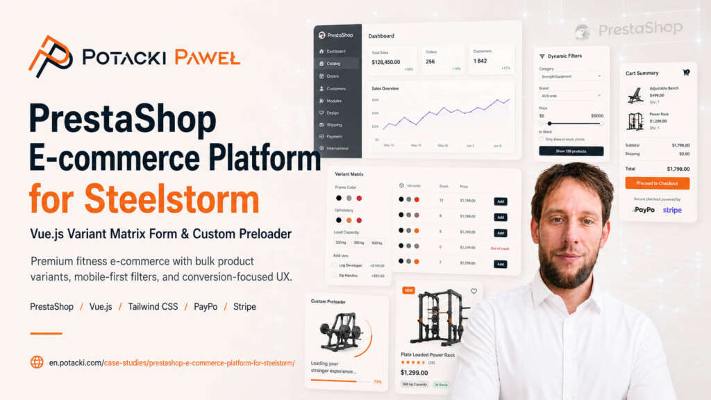 Full-stack developer Paweł Potacki alongside English UI mockups of the Steelstorm store, showcasing a Vue.js variant matrix builder, a custom asynchronous preloader, and mobile-optimized search filters.