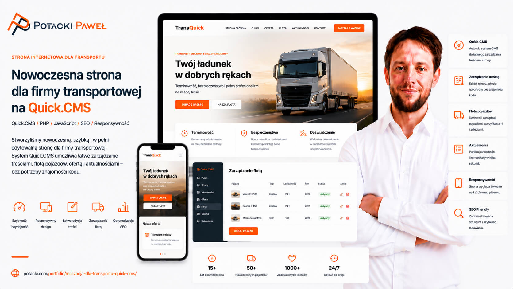 Makieta archiwalnej strony Quick.CMS dla firmy logistycznej na ekranie komputera i telefonu.