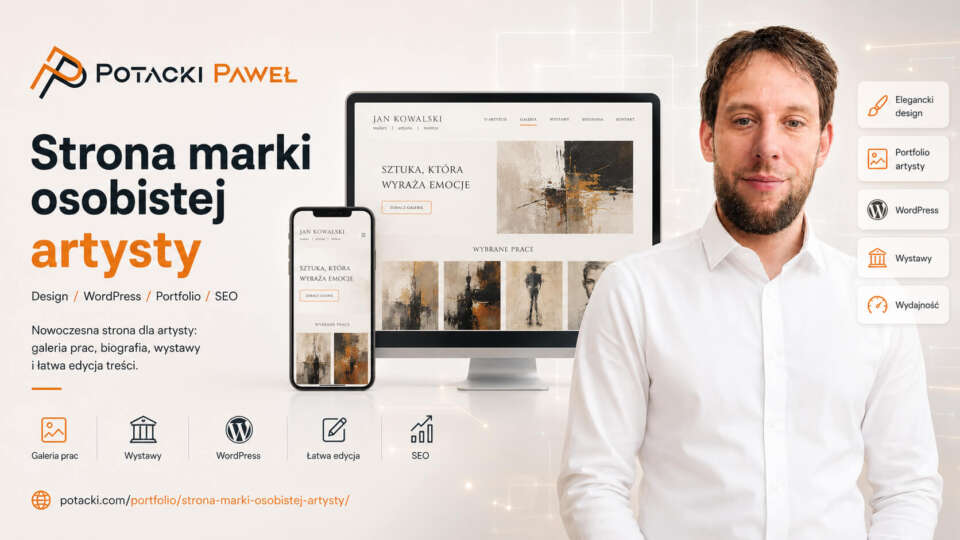 Paweł Potacki prezentuje makietę minimalistycznej strony WordPress dla artysty malarza z widoczną galerią obraz&oacute;w, sekcją biografii oraz listą wystaw na ekranach urządzeń.