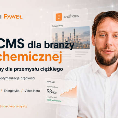 Inżynier Paweł Potacki na tle przemysłowych instalacji rafineryjnych oraz makiety strony internetowej Craft CMS z wideo hero dla firmy Torpol Oil & Gas.