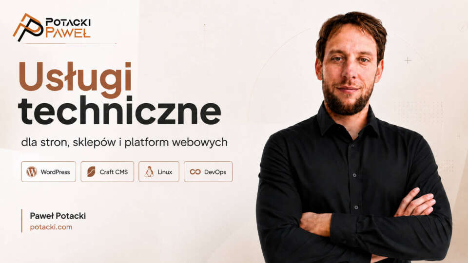 Paweł Potacki w czarnej koszuli na grafice usług technicznych dla stron, sklep&oacute;w i platform webowych