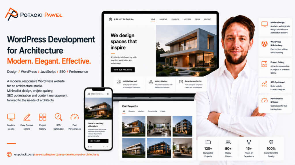 Developer Paweł Potacki presenting a premium WordPress architecture website mockup on desktop and mobile devices with a native Gutenberg block layout and project gallery grids.