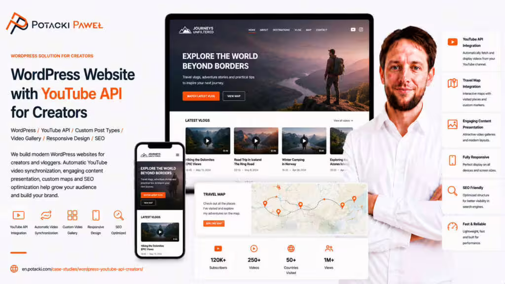 Developer Paweł Potacki presenting a modern WordPress website mockup engineered for content creators and travel vloggers. The user interface on desktop and mobile showcases automated YouTube API video synchronization and a custom interactive travel map module.